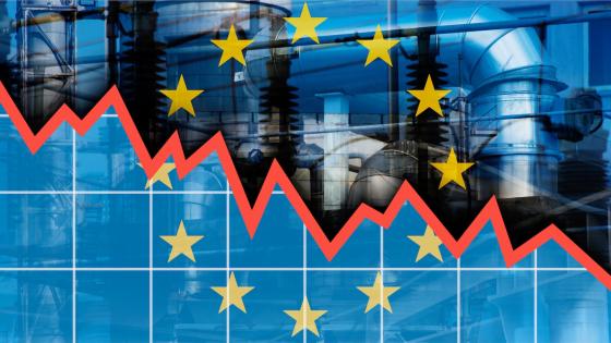 EU flag, manufacturing plant and downward sloping graph