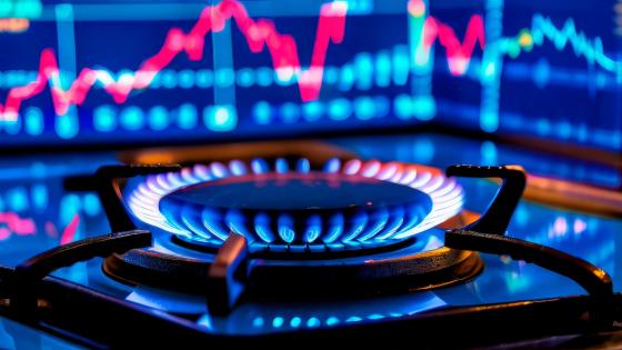 Burning gas hob with chart in background
