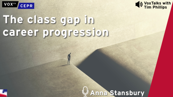 A promotional graphic for a VoxEU CEPR podcast episode featuring Anna Stansbury, titled "The class gap in career progression," with an illustration of a small figure facing a large gap in the ground.